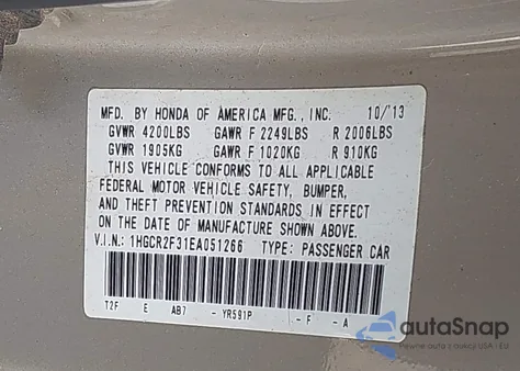 2014 Honda Accord Lx z USA, uszkodzony, nr VIN 1HGCR2F31EA051266